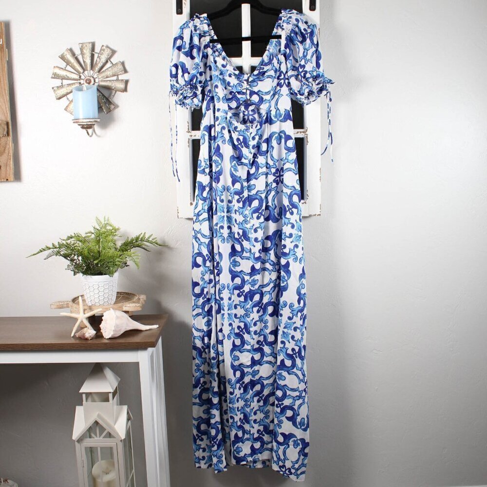Boohoo Porcelain Print Puff Sleeve Maxi Dress - NWT - Size 16 - Picture 2 of 9